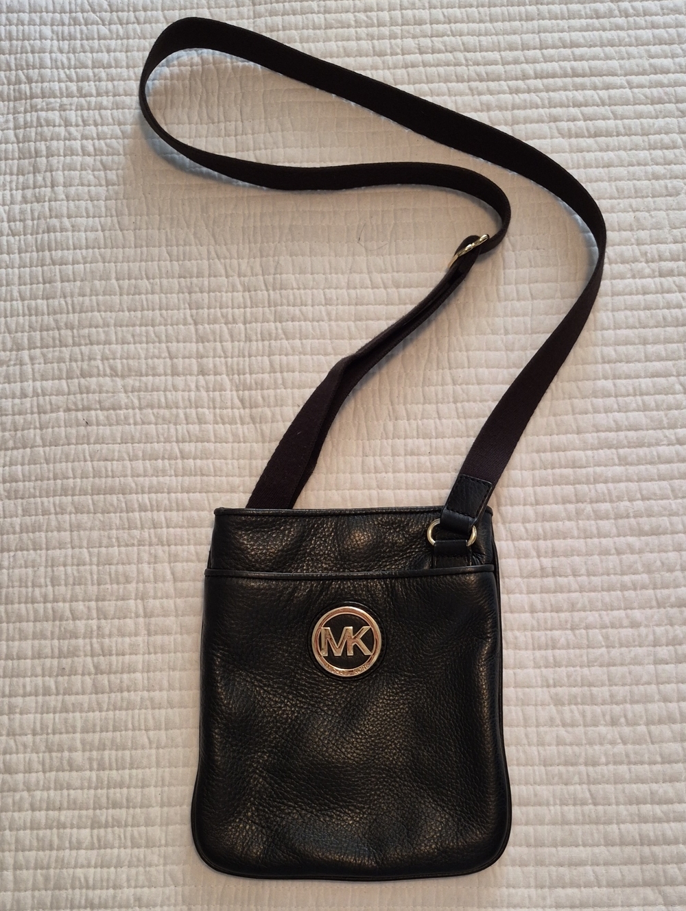Michael Kors Black Pebbled Leather Crossbody with Gold MK Emblem